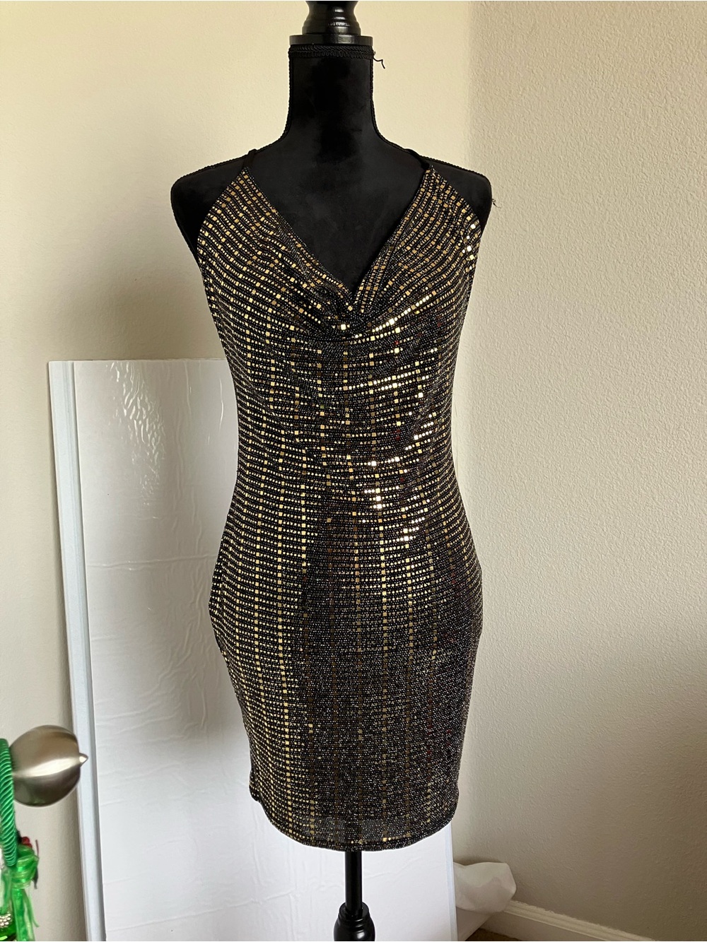 Black & Gold Sequin Halter Bodycon Dress